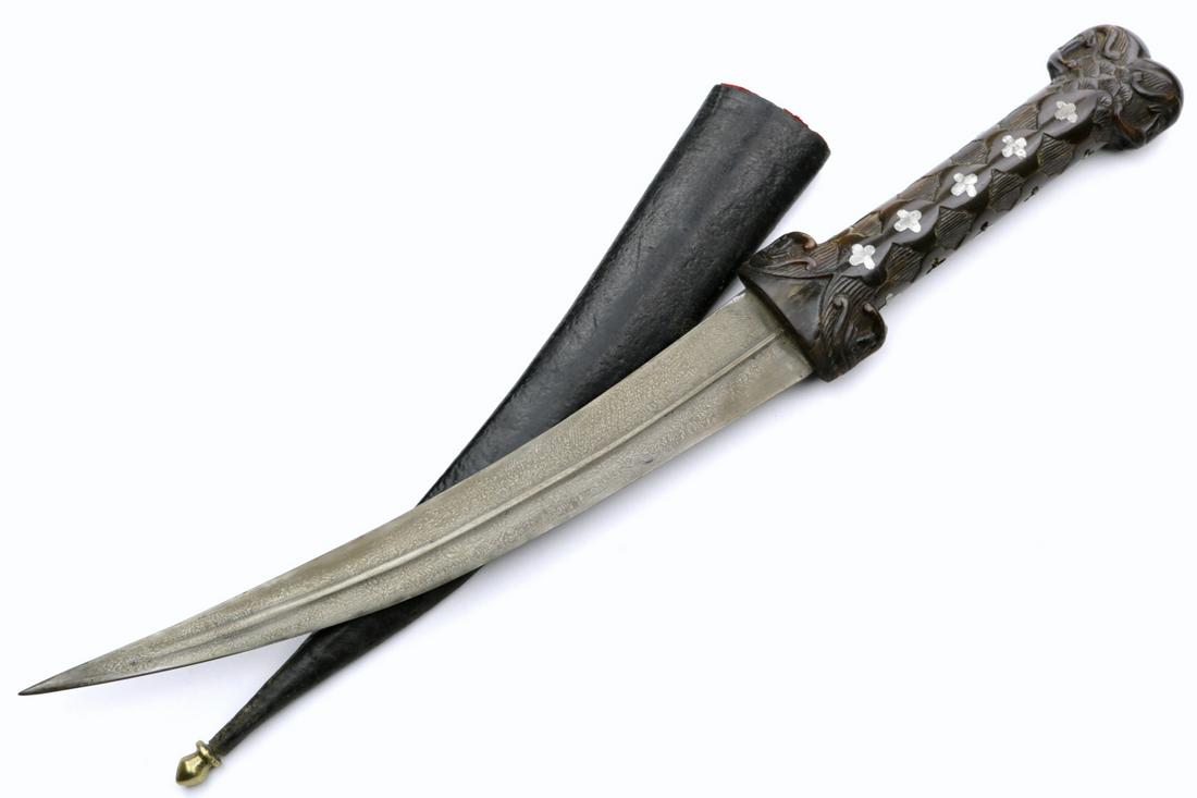 Good 18th-19th C. Islamic Ottoman Turkish or Kurdish: Good 18th-19th C. Islamic Ottoman Turkish or Kurdish KHANJAR Dagger with Wootz Blade & Silver inlaid Carved Horn Grip.