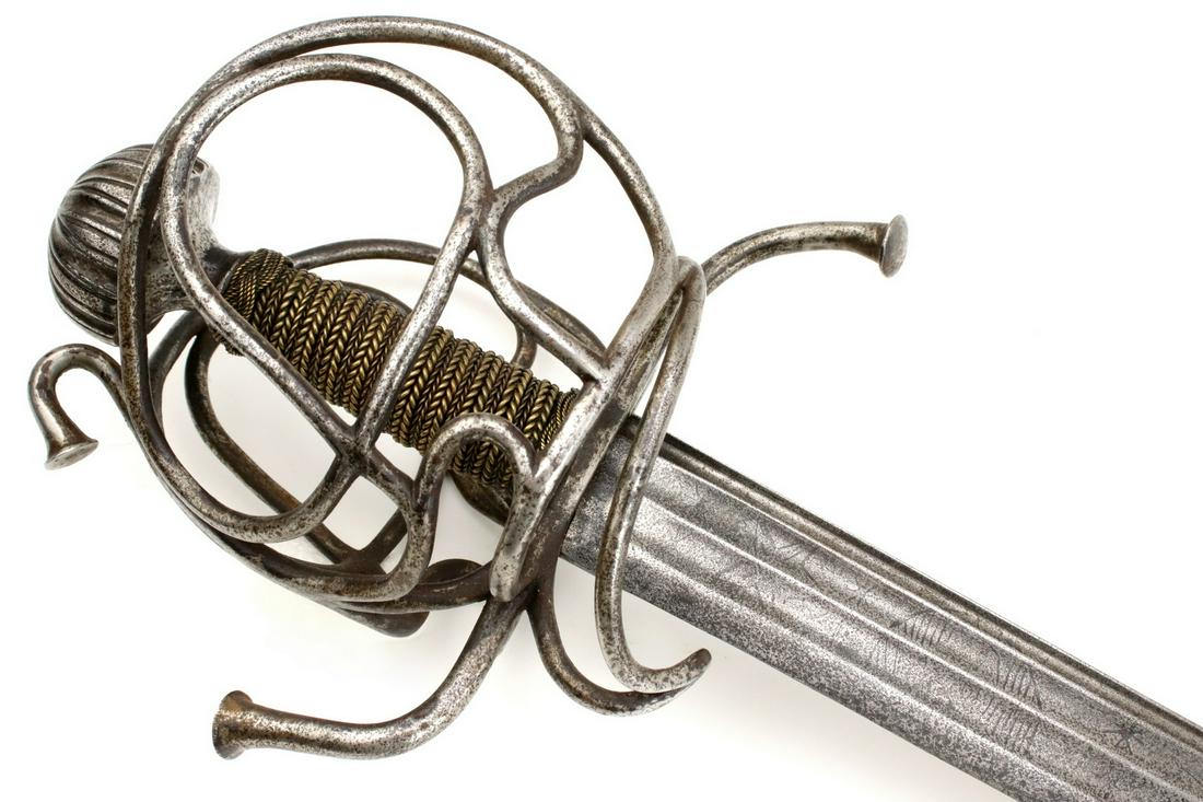 Rare 16th-17th C. German or Hungarian Horsemans: Rare 16th-17th C. German or Hungarian Horsemans Basket-hilt Cutlass Sword. Awesome early horsemans sword of very seldom encountered pattern, with its large basket guard of complex construction and hea