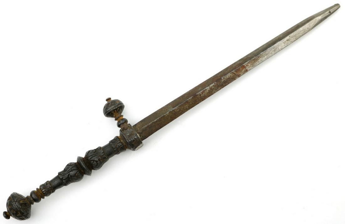 Italian 16th-17th C. Style STILETTO Dagger.: Italian 16th-17th C. Style STILETTO Dagger. With ornate iron hilt details and strong diamond section blade, missing very tip and one guard finial. Total length (inside scabbard if present) : 11"Blade