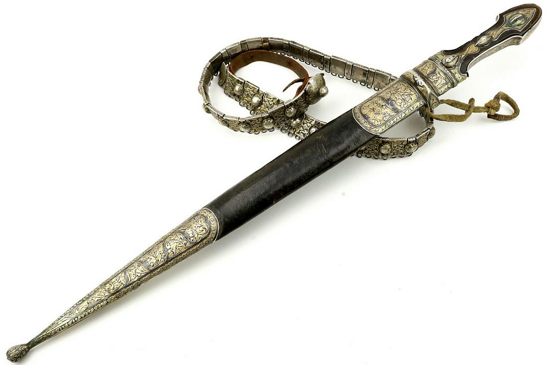 Rare 19th C. Russian Caucasian Presentation KINJAL: Rare 19th C. Russian Caucasian Inscribed KINJAL Dagger with Silver Belt. A rare early example in its niello silver furniture with gold gilt finish, featuring a lengthy Georgian insctiption to the back