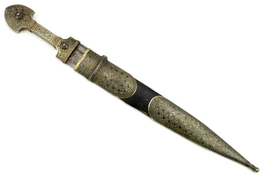 Outstanding Quality 19th C. Russian Caucasian Damascus: Outstanding Quality 19th C. Russian Caucasian Damascus KINJAL Dagger. A very Special large example with fine niello silver furniture retaining most of its original Gold gilt finish, all mounts are wel