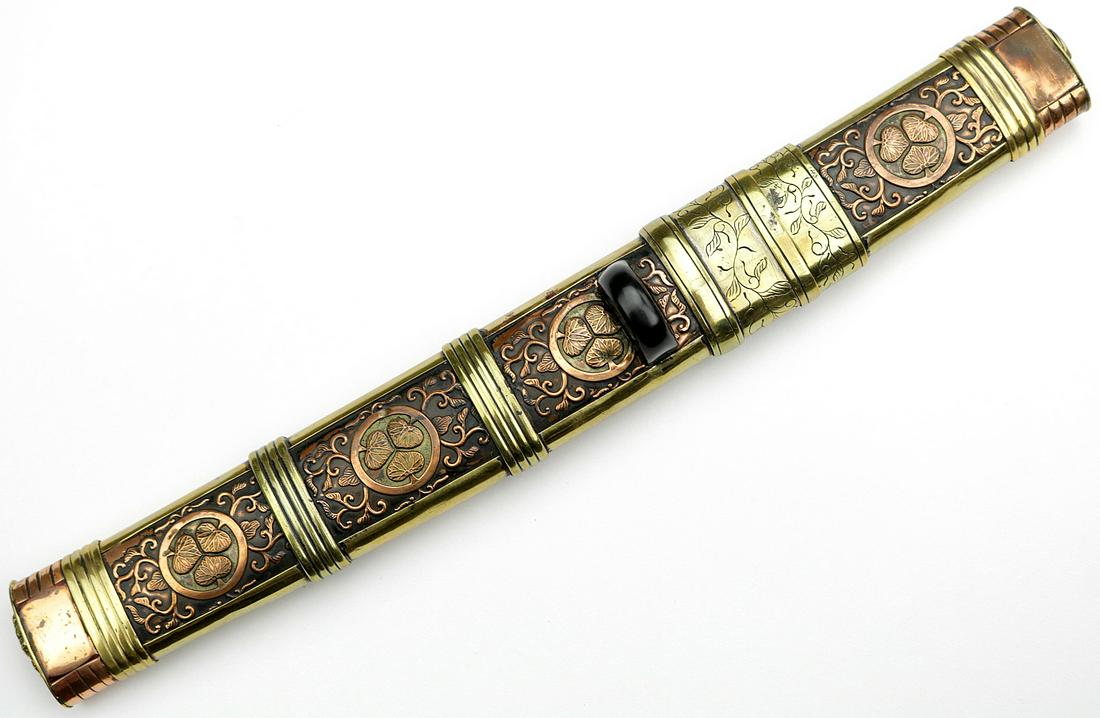 Nice Quality 19th C. Japanese or Korean TANTO Dagger in: Nice Quality 19th C. Japanese or Korean TANTO Dagger in Brass & Copper Mounts, Inside of Scabbard is Signed. Total Length in Scabbard - 11 1/4", Blade Length (along the spine, from Habaki notch to the
