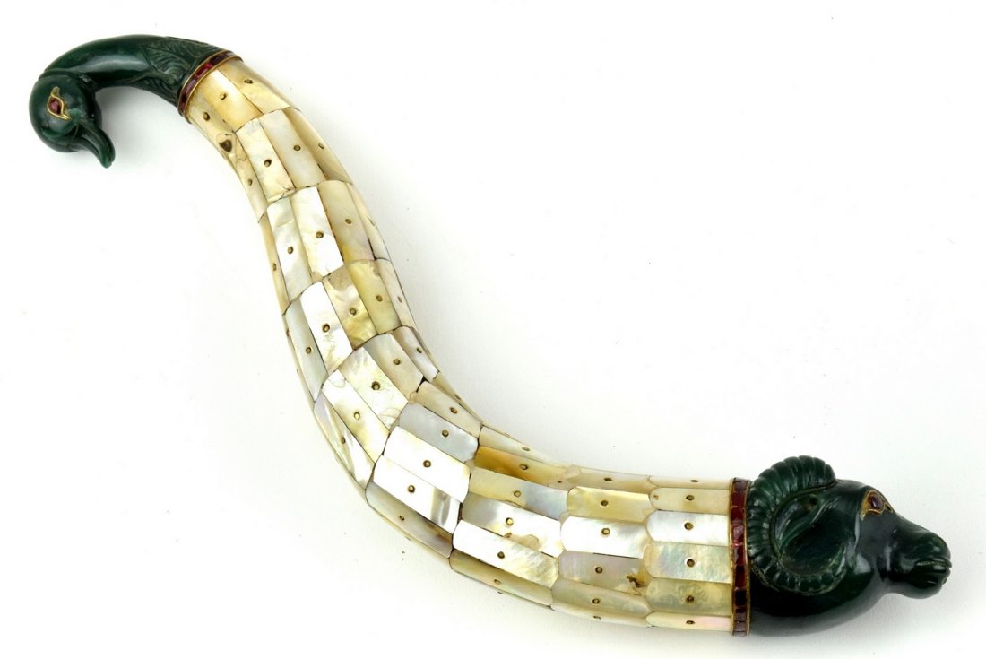Fine quality Islamic Indian Mother of Pearl Flask: Fine quality Islamic Indian Mother of Pearl inlaid with Jade Powder Flask. Nicely inlaid with ruby colored stones. 10.5" in length.
