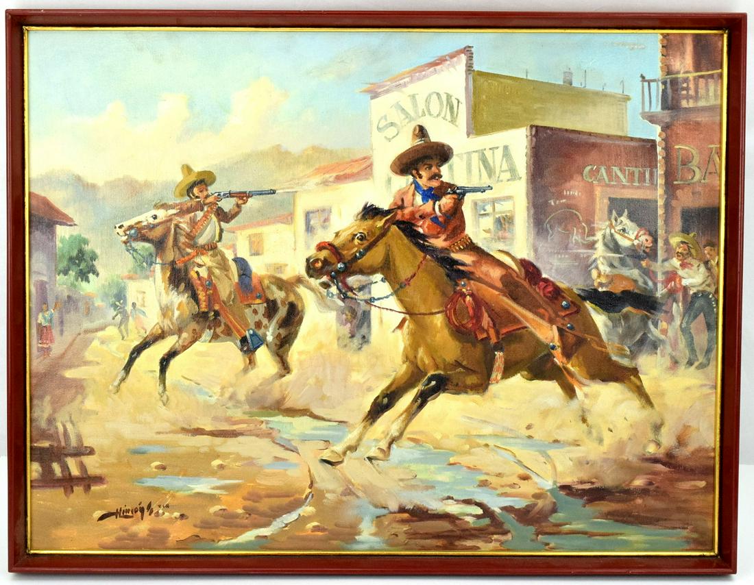 Vintage Folk Art Mexican Painting Of Two Bandits: Vintage Mexican oil on canvas painting of two bandits with guns. Signed.Provenance - Robert (Bob) N. Green began collecting in the NYC area inn the 1950s. Originally he ran ads in the Shotgun News for