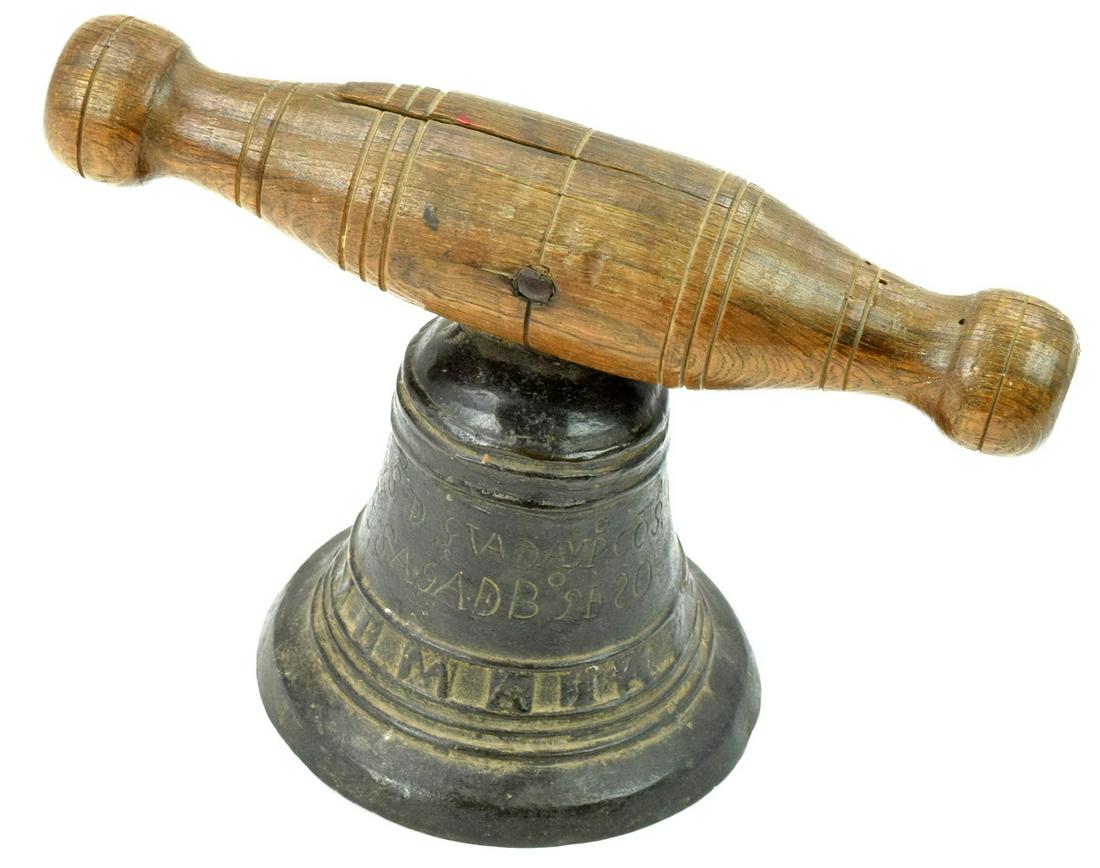 Rare Early Antique School/Church Spanish Colonial Bell: Early 18/19 Century Spanish Colonial school or church bell.Inscribed in Latin. Wood handle (looks like handle later period)Provenance - Robert (Bob) N. Green began collecting in the NYC area inn the 1