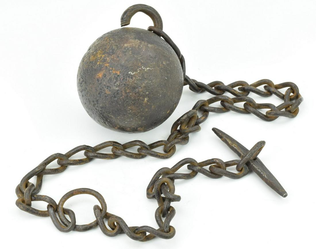 Antique Cast Iron Prison Ball With Chain: Authentic antique cast iron prison ball with chain. Not sure what prison from. Came from old Denver estate military collector.Ball is 4" diameter, weight is 11Lb 4 oz