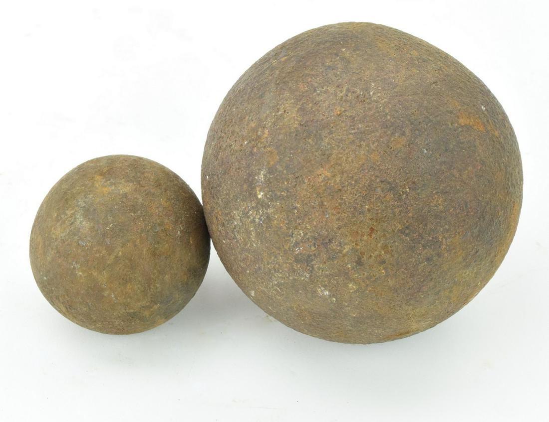 Pair Antique Civil War Canon Balls: Pair authentic Civil war period iron canon balls.Provenance - Robert (Bob) N. Green began collecting in the NYC area inn the 1950s. Originally he ran ads in the Shotgun News for antique firearms. He w