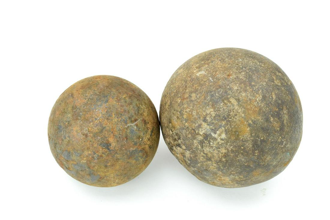 Pair Antique Civil War Canon Balls: Pair authentic Civil war period iron canon balls.Provenance - Robert (Bob) N. Green began collecting in the NYC area inn the 1950s. Originally he ran ads in the Shotgun News for antique firearms. He w