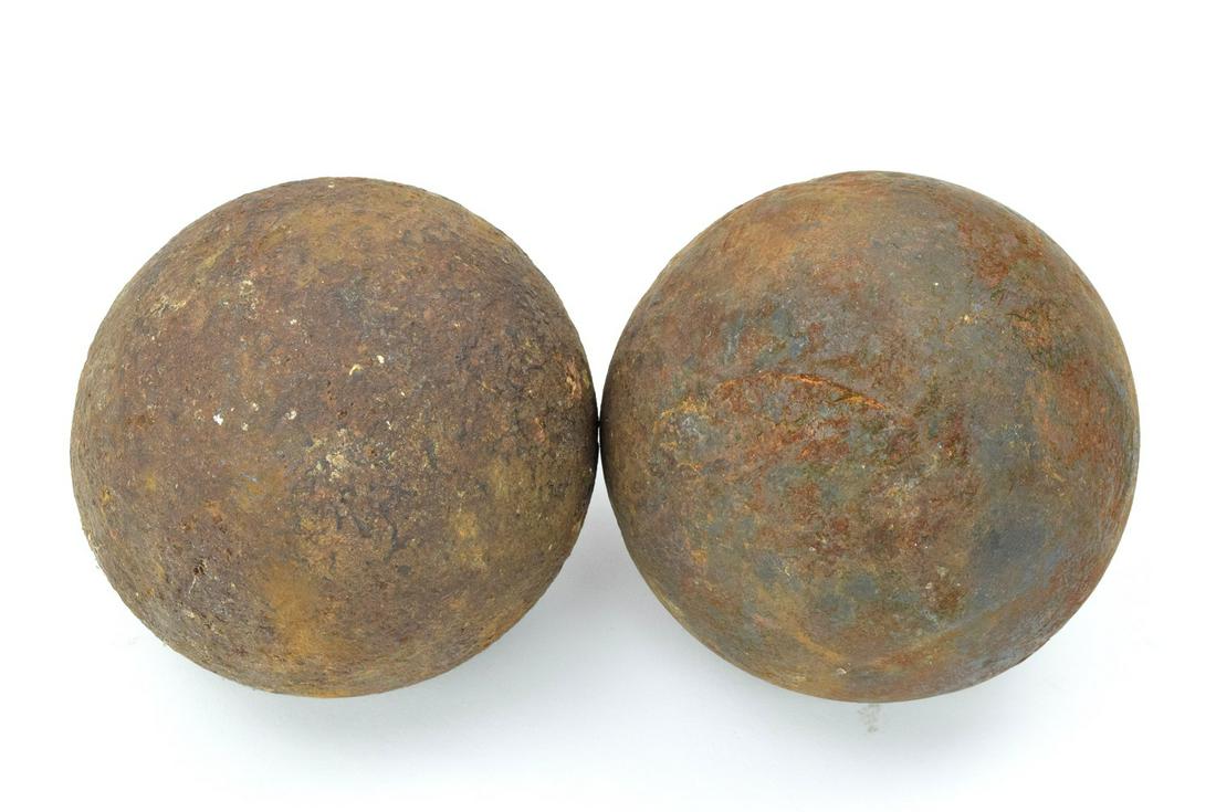 Pair Antique Civil War Iron Canon Balls: Pair authentic Civil war period iron canon balls.Provenance - Robert (Bob) N. Green began collecting in the NYC area inn the 1950s. Originally he ran ads in the Shotgun News for antique firearms. He w