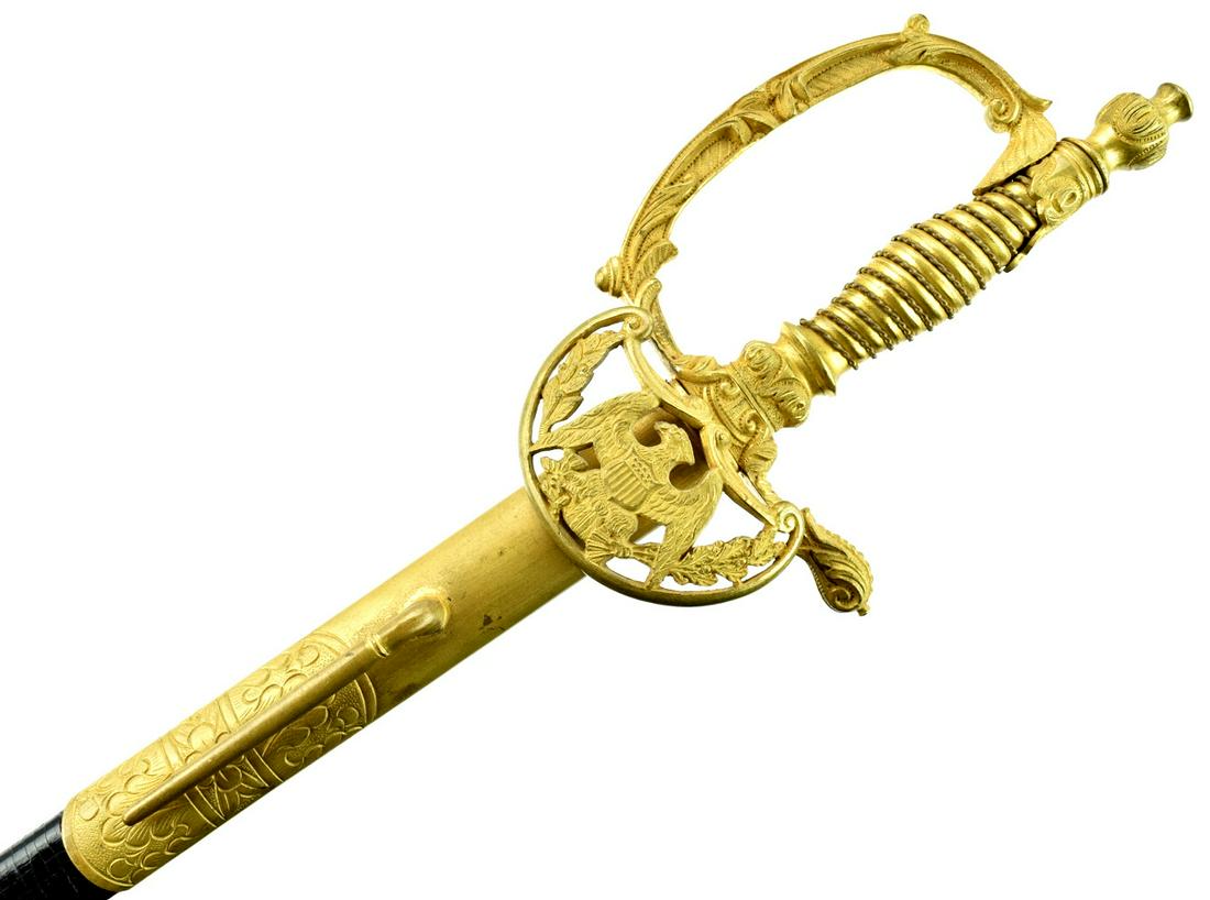 Excellent 19th Century American diplomatic sword: 19th Century American diplomatic sword, German Made Blade marked at ricasso. Pommel and gilded eagle hilt and handle. Matching gild and leather scabbard