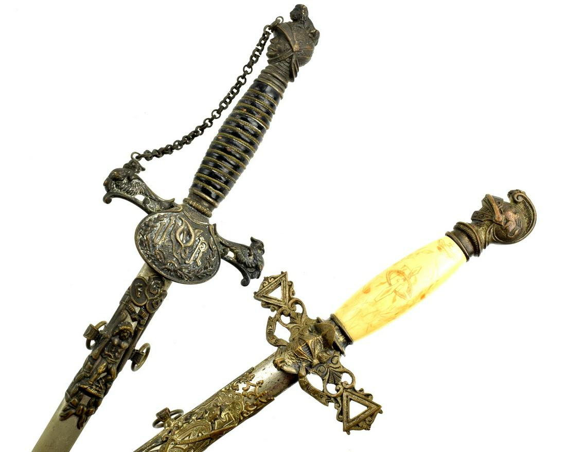 Lot of 2 Attractive 19th-early 20th C. Fraternal Lodge: Both swords with ornate brass mounts featuring plenty of intricate details, including some enamel decorations. Both blades are maker marked and contain the Owner's names among wonderful and very detai