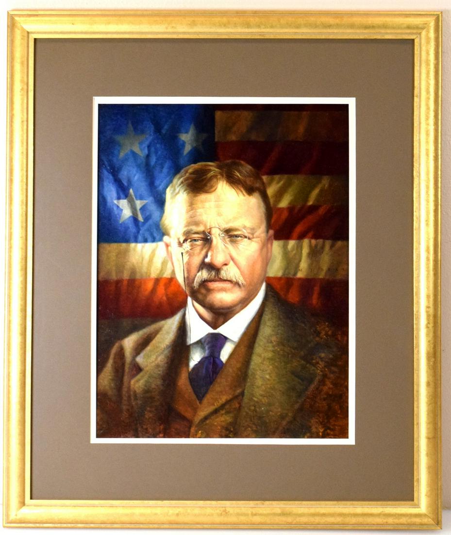 Michael J. Deas Theodor Roosevelt Oil On Board Painting: Very fine oil on board " Theodore Roosevelt " by listed artist Michael J. Deas ( born 1956 ). Image size is 17 1/2" x 13 1/4", framed is 27 1/4" x 23. Comes with Masterpiece Appraisals.Michael J. Deas
