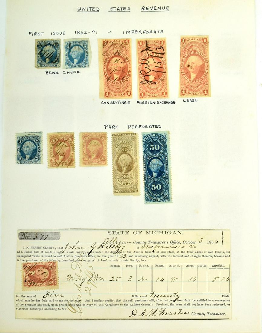 Lot of US Post Stamps Including First Issue 1862-1871: US First Issue 1862-1871 post stamps. 29 stamps all together. Includes 1864 State of Michigan County Treasurer's Office receipt.