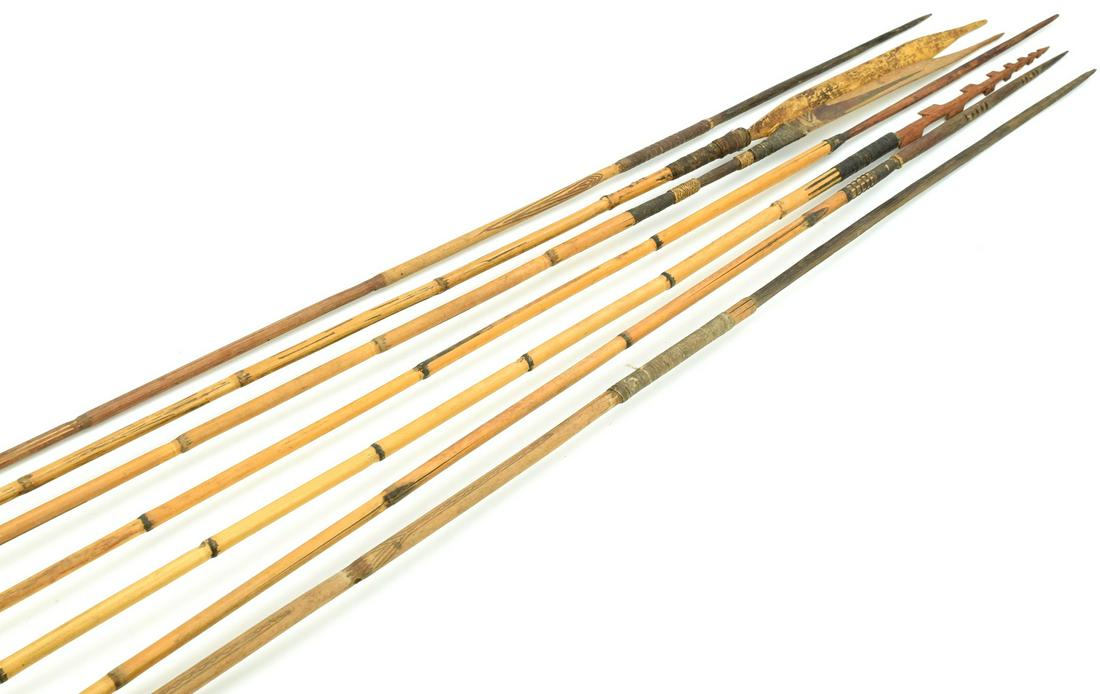 Lot of 7 Indonesian Tribal Hunting & Fishing Spears or: Lot of 7 Tribal Hunting & Fishing Spears, Indonesian or South-East Asian, all with bamboo shafts and wooden tips. Probably 19th-early 20th century.Longest is 61", shortest is 52".