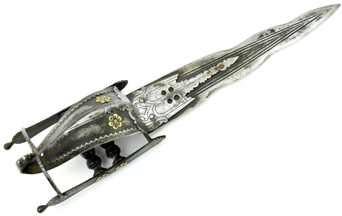 Rare 17th-18th C. Islamic Indian Hooded-Katar Dagger: Rare 17th-18th C. Islamic Indian Hooded-Katar Dagger Sword. A massive example with strong steel gauntlet hilt protecting the entire hand, decorated with brass flower rivet washers. Mounted with a powe