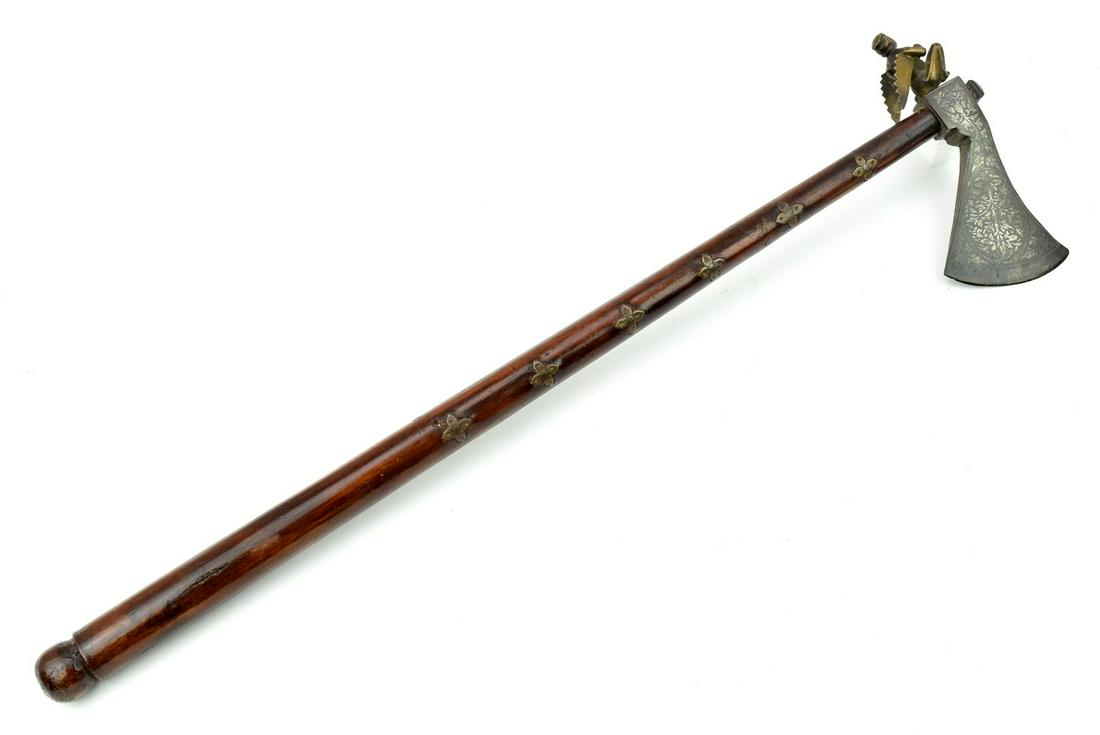 Rare & Unusual 18th-19th C. Islamic Indian or Persian: Rare & Unusual 18th-19th C. Islamic Indian or Persian TABAR Fighting Ax. Featuring a strong well forged ax head decorated with lovely silver damascene, the back of the head mounted with highly unusual