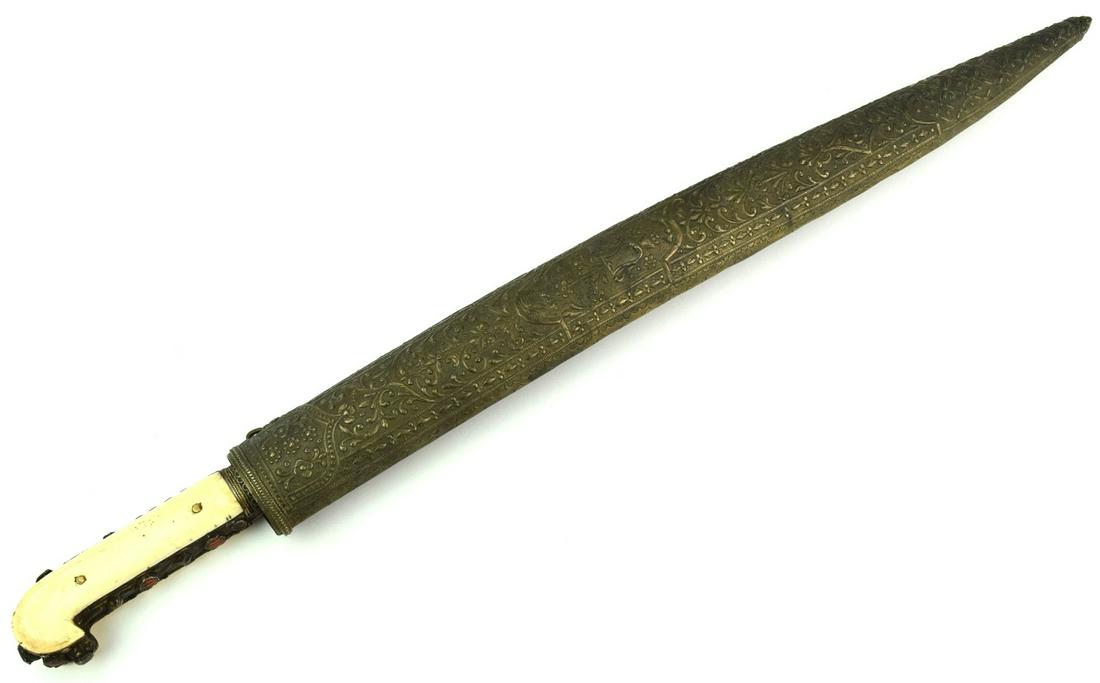 Nice 18th-19th C. Islamic Ottoman Turkish YATAGAN: Nice 18th-19th C. Islamic Ottoman Turkish YATAGAN Sword. A lovely example in its gold gilt silver and copper mounts, set with fluted red corals around the bone grip's side-straps, as well as to the pa
