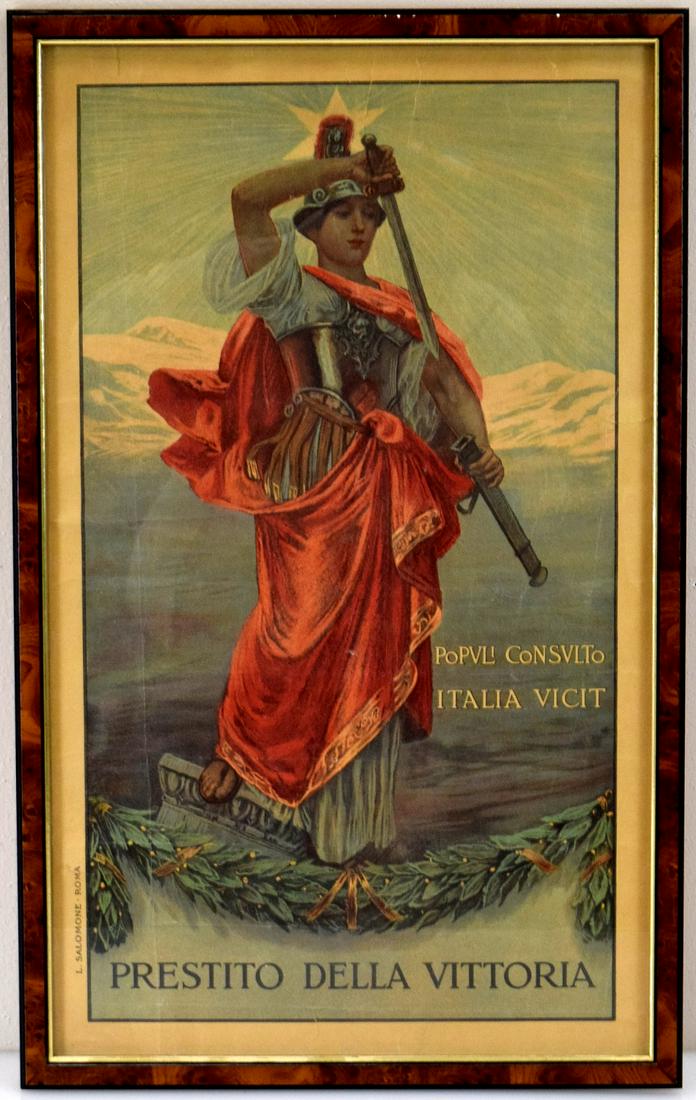 Original WWI Prestito De La Victoria Italian Propaganda: Rare original "Prestitio Della Vittoria" Italian War Bonds Poster, 1914-18. Printed by L.Solomone, Roma. Great colors, framed. Size is 27 3/4" x 17 1/4".