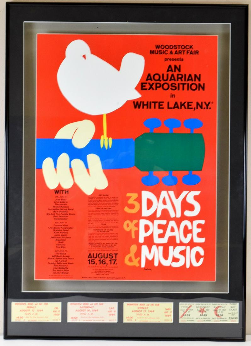 Vintage 1969 Woodstock Festival Poster With Tickets: Vintage "Woodstock Music & Art Fair" poster, 1969 matted and framed under glass, along with four original tickets to Woodstock. Very good condition.Size is 33 3/4" x 24 1/4".