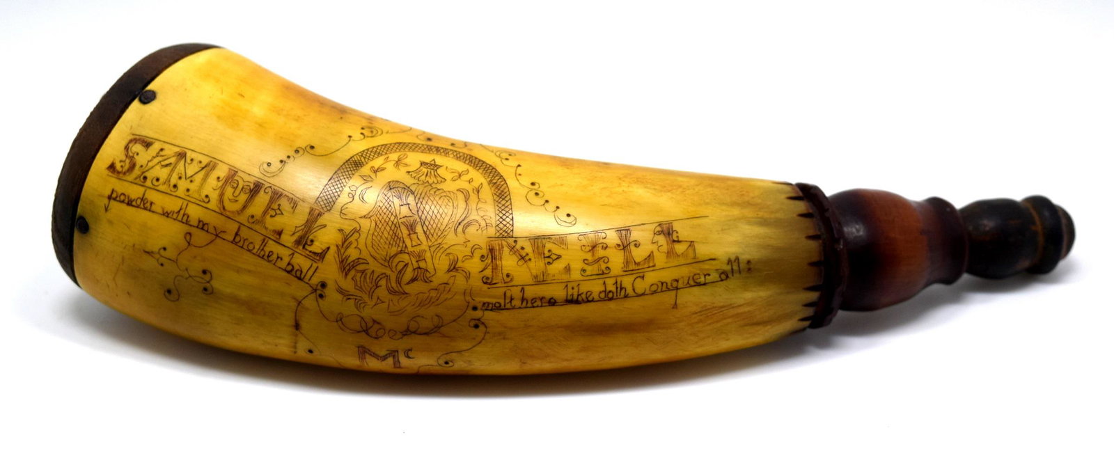 19th C. English or American Scrimshawed Powder Horn: 19th C. English or American Scrimshawed Powder Horn "Samuel Neill". Total length (inside scabbard if present) : 10 3/4".