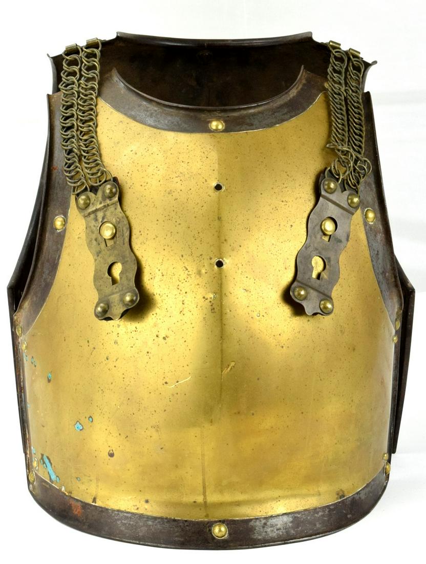 Dated 1832 French Cuirassier or Dragoon Officer's: Dated 1832 French Cuirassier or Dragoon Officer's Battle Cuirass Armor. Of heavy brass and steel construction, both halves are dated and arsenal engraved with serial numbers as well. A sunburst eagle 