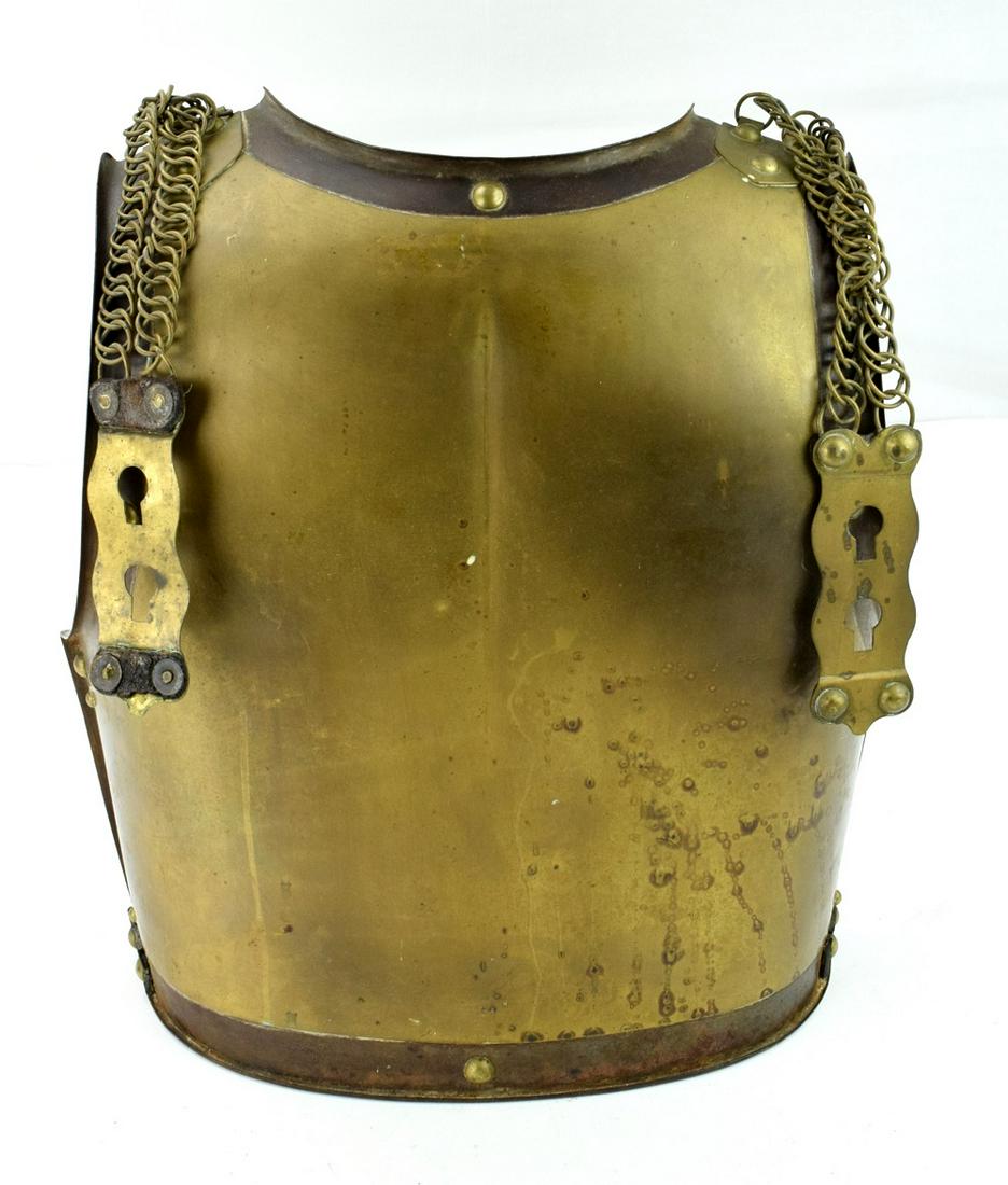 Dated 1833 French Back-Plate for a Battle Cuirass: Dated 1833 French Back-Plate for a Battle Cuirass Armor. Heavy brass and steel construction, retaining original chained shoulder straps, back of the plate with well preserved arsenal inscription and a