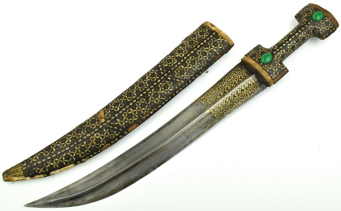 Large Late 18th - early 19th Century Persian Jambaya: Late 18th - early 19th Century Persian Jambaya Dagger with Gilded calligraphy inlayed curved Blade. Highy decorated Mosaic Wooden scabbard and handle decorated with Jadeite stones. Some loses to the m