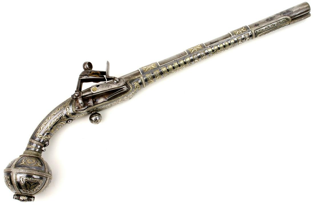 Outstanding 19th C. Russian Caucasian Miquelet Pistol: Outstanding 19th C. Russian Caucasian Miquelet Pistol in Full Niello Silver Mounts. A trully spectacular and rare example fully dressed in highest jewelry quality Niello silver, featuring an Islamic w