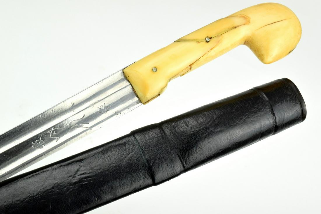 Early Russian Caucasian Shashka Sword, Ca. 18th-19th C.: Early Russian Caucasian Shashka Sword, Ca. 18th-19th C. A nice early example wearing a lightly curved broad double-fullered blade marked with a running wolf in the imitation of the prized early German