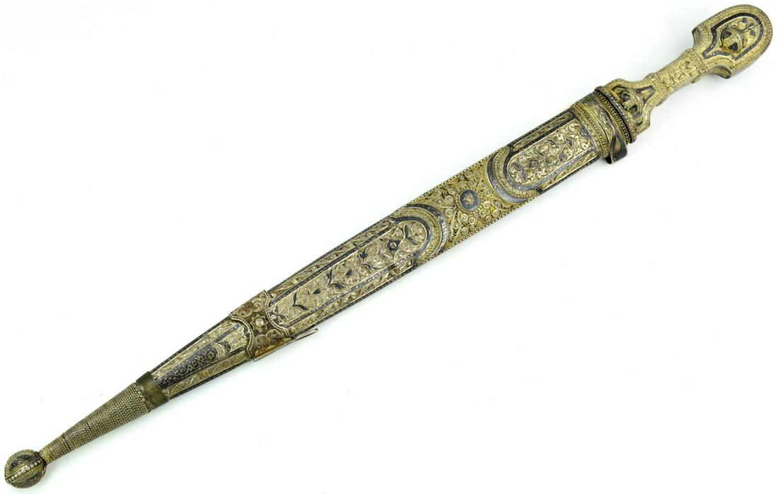 Very Nice 19th C. Russian Caucasian KINJAL Dagger in: Very Nice 19th C. Russian Caucasian KINJAL Dagger in Niello Silver Mounts. Mounted with a very early and seldom encountered almost armor-piercing blade of diamond section. In its beautiful silver moun