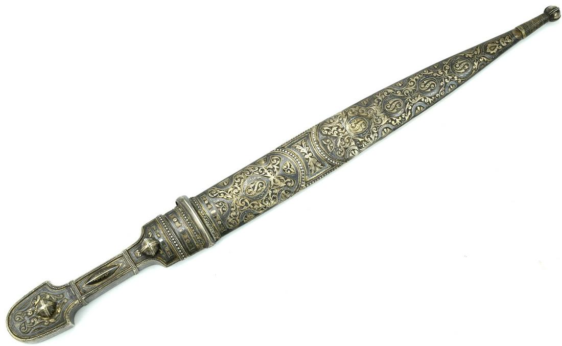 Good 19th C. Russian Caucasian KINJAL Dagger in Niello: Good 19th C. Russian Caucasian KINJAL Dagger in Niello Silver Mounts. Mounted with a strong double edged blade having slightly different fullers configuration to each side, one side of the blade with 
