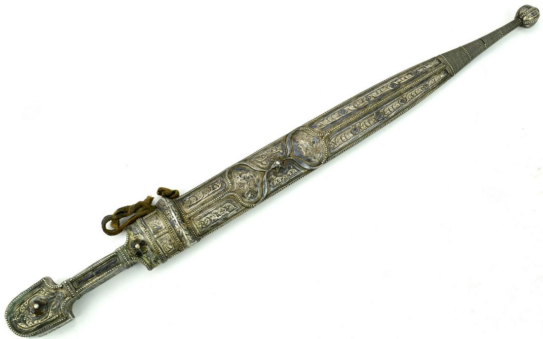 Nice 19th C. Russian Caucasian KINJAL Dagger in Niello: Nice 19th C. Russian Caucasian KINJAL Dagger in Niello Silver Mounts. With its broad double edged blade having deep off-set fuller to each side. In its silver furniture with carved floral motives and 