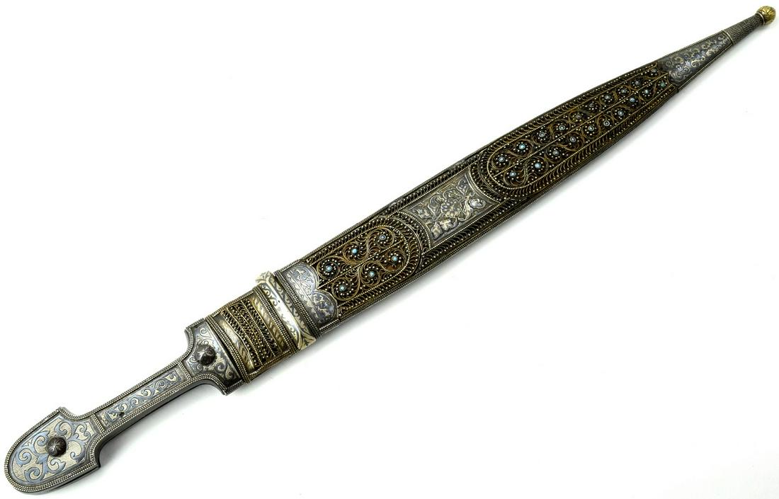 Rare & Fine 19th C. Russian Caucasian KINJAL Dagger in: Rare & Fine 19th C. Russian Caucasian KINJAL Dagger in Niello Silver Mounts & Turquoise. Absolutely gorgeous and rare example, in its heavy silver mounts profusely decorated with fine Niello and filig