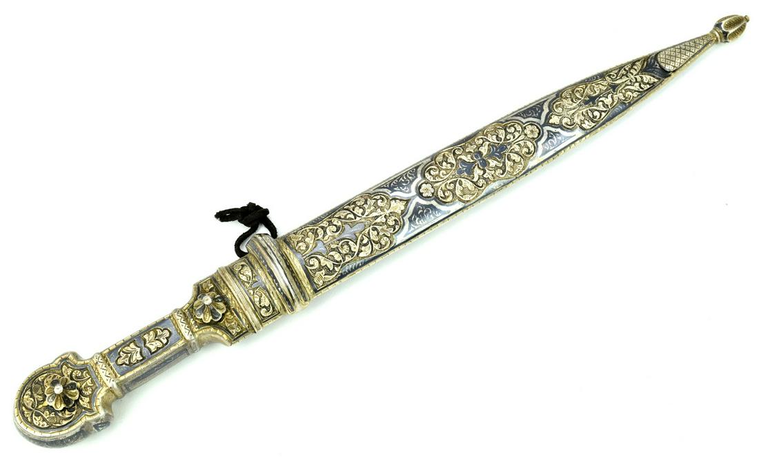 Very Attractive 19th-20th C. Russian Caucasian KINJAL: Very Attractive 19th-20th C. Russian Caucasian KINJAL Dagger in Gold Gilt Niello Silver Mounts. Having full silver furniture with carved floral decorations, highlighted with gold finish and lovely Nie