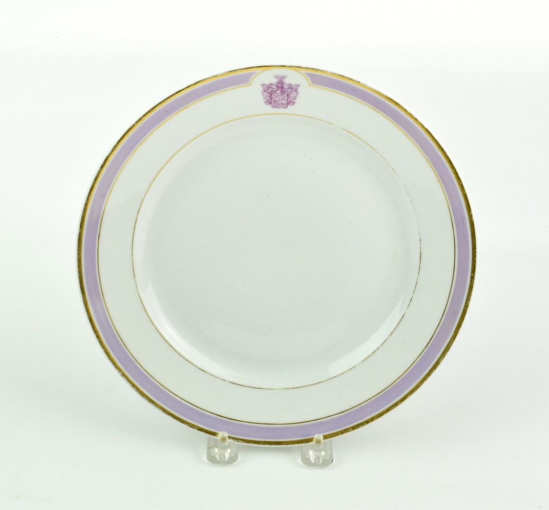 A Russian Porcelain Armorial Plate, Imperial Factory: A Russian porcelain armorial plate by Imperial Porcelain Factory, period of Alexander II, decorated with coat-of-arms of Count Korobkov and gilt rim with lilac background. Manufactureâ€™s mark in