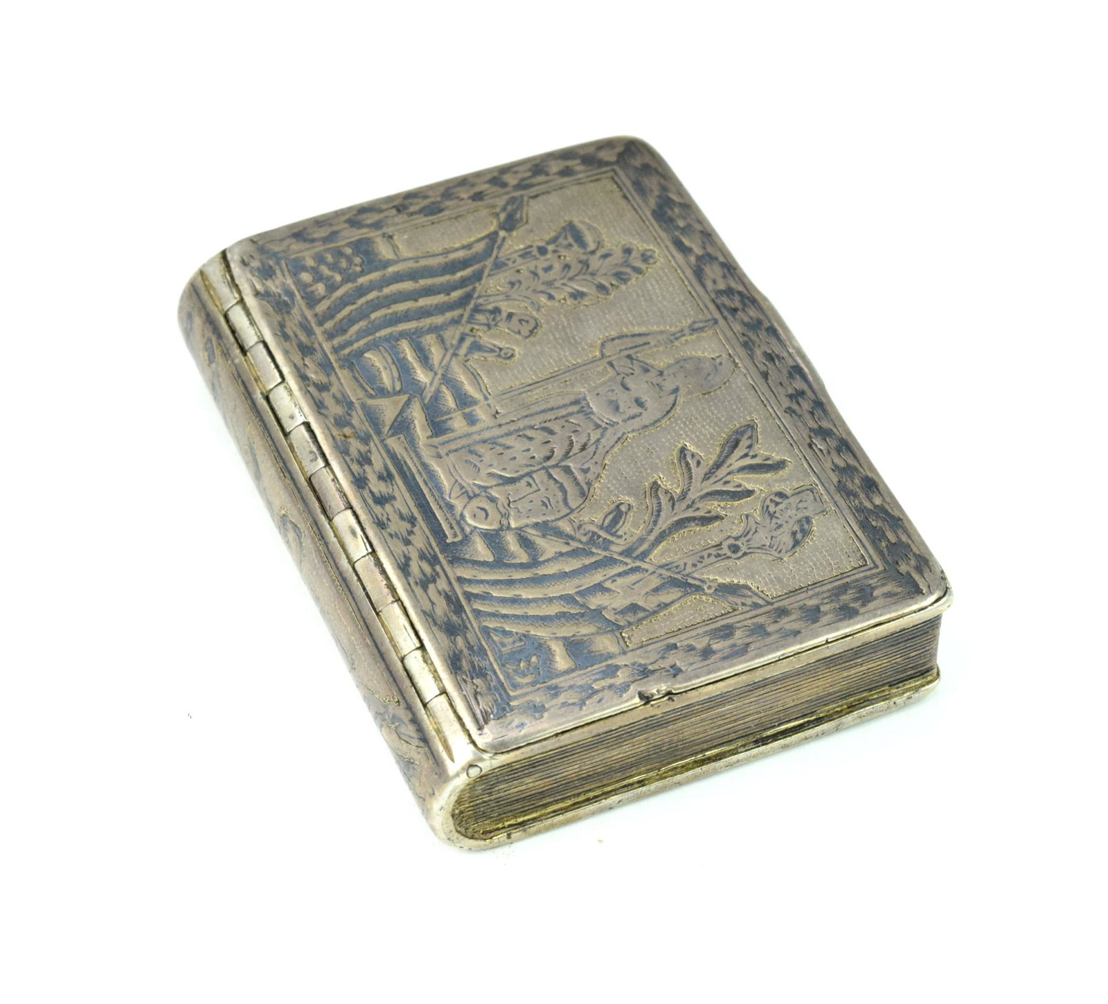 Antique Silver Niello Greek Trinket Box: Very fine antique silver niello gold wash inside Greek trinket/pill box depicting Athena Pallas between two flags. Kapodistrias period ( 1825-1850 ). Hallmarked with silver marks. Box is 2 3/4" x 2".