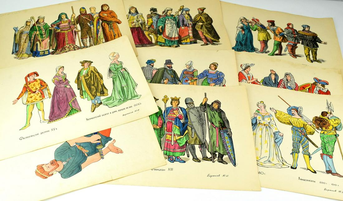 9 Vintage Russian Watercolors Of Different Period: Fine lot of 9 vintage Russian watercolors depicting costumes from different periods, different countries. Eight signed by artist Birukov and one by Yvtushenko.Each watercolor is 16 3/4" x 12".