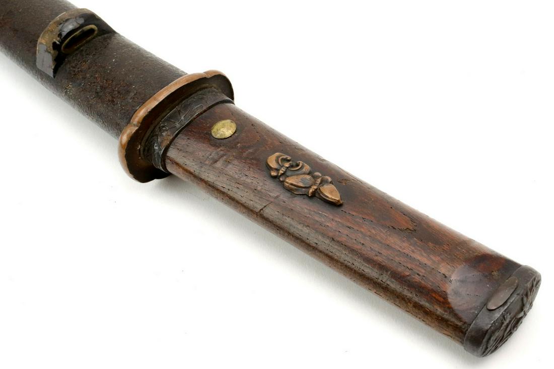 Japanese Samurai TANTO Dagger ~ MeiJi era.: Japanese Samurai TANTO Dagger ~ MeiJi era. With wooden tsuka having copper butterfly menukies and chiseled iron fuchi-kashire with insects. Wide blade, unpolished. Scabbard is slightly long for the bl