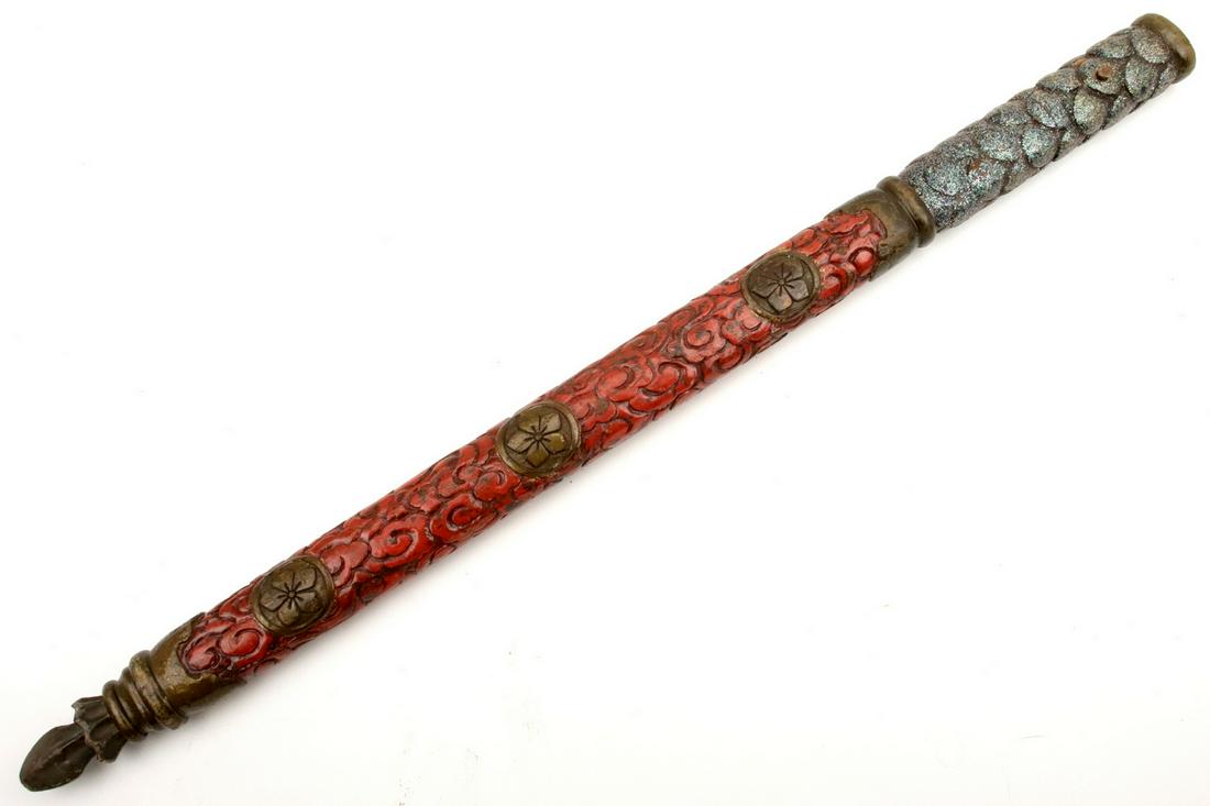 Very Interesting MeiJi era TSUKA for a Temple Sword ~: Very Interesting MeiJi era TSUKA for a Temple Sword ~ Fine Lacquer Work. A seldom encountered style, very long wooden tsuka with carved and lacquered decorations.Overall length 24 1/2"