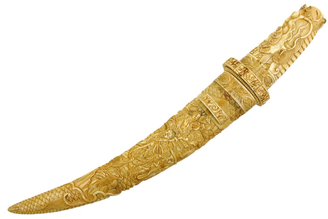 Fabulous MeiJi era Japanese TANTO Dagger ~ Fine Carved: Fabulous MeiJi era Japanese TANTO Dagger ~ Fine Carved Bone Mounts with deities and large dragon tsuka. A beautiful example of rare form and higher than average quality. Total Length in Scabbard - 15 