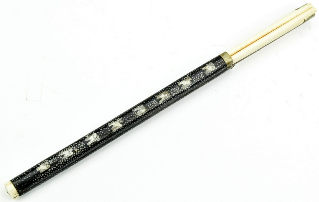 Nice Antique Chinese Traveling TROUSSE ~ Knife/Dagger &: Nice Antique Chinese Traveling TROUSSE ~ Knife/Dagger & Chopsticks. In its sting ray skin and bone inlaid mounts, grips and chopsticks are of bone en suite. Knife blade is exceptionally strong and stu