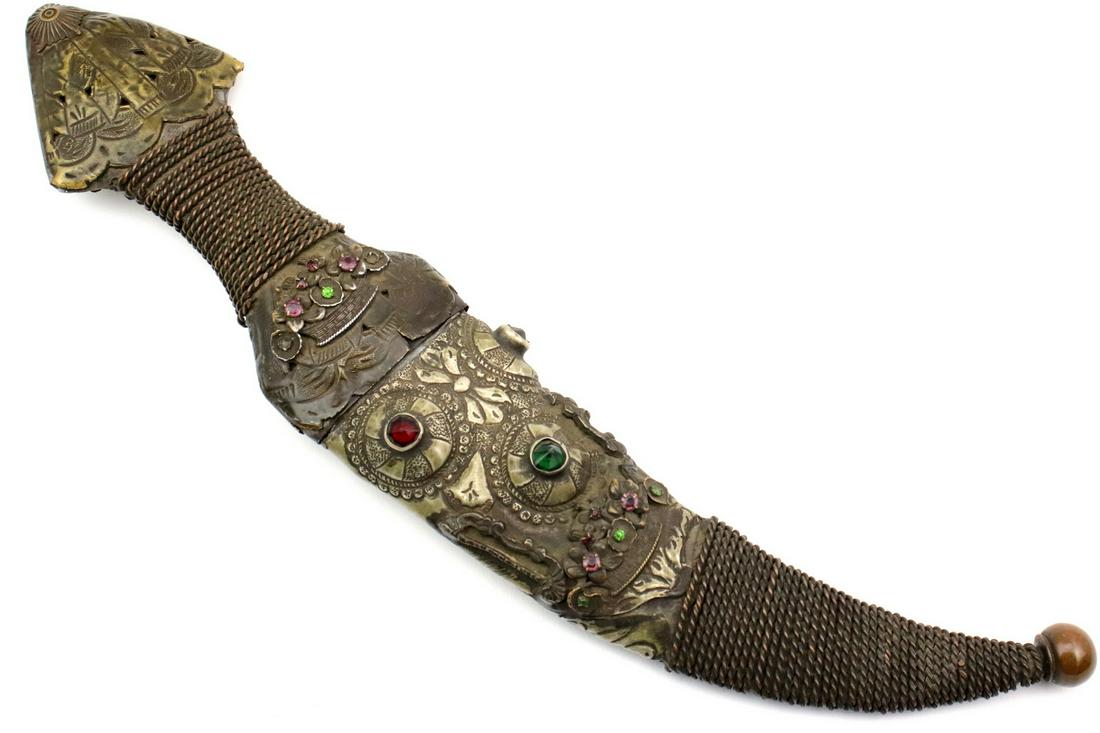 Unusual 19th C. Jeweled Islamic Arabic or Persian: Unusual 19th C. Islamic Arabic or Persian Jeweled JAMBIYA Dagger. An interesting and very ornate example, having white metal (possibly silver) and brass mounts including large copper coins depicting a