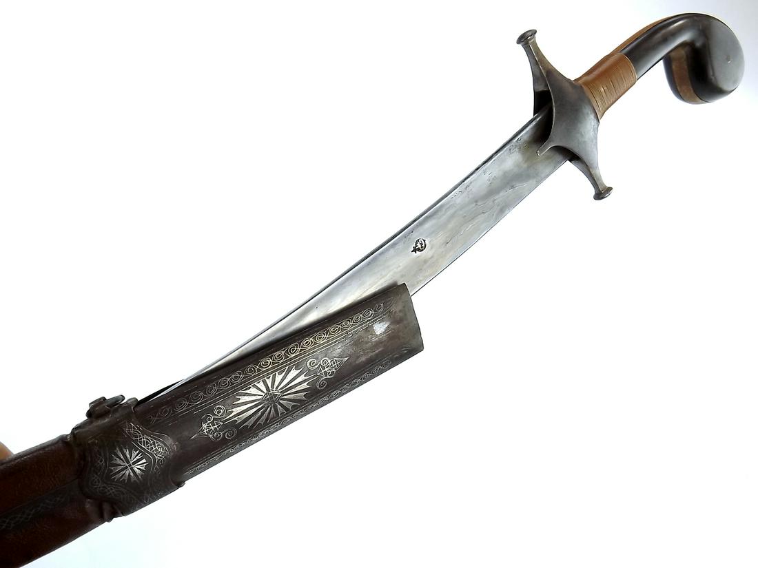 Good 19th C. Islamic Ottoman Officer's SHAMSHIR / KILIJ: Good 19th C. Islamic Ottoman Officer's SHAMSHIR / KILIJ Sword with TURKISH RIBBON Damascus Blade. An impressive Turkish Officer's saber with a large broad deeply curved blade of fine "Turkish Ribbon"