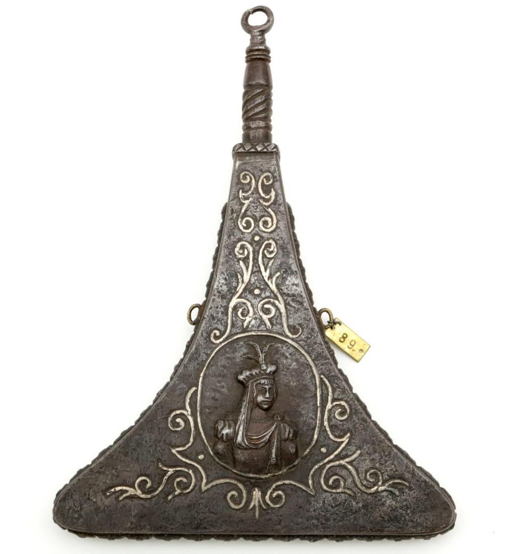 Rare 16th-17th C. Islamic Powder Flask with Silver: Rare 16th-17th C. Islamic Powder Flask with Silver inlaid & Chiseled Turkish Prince Portrait. A very early example of superb workmanship, having chiseled steel and silver inlaid decorations, with a fa