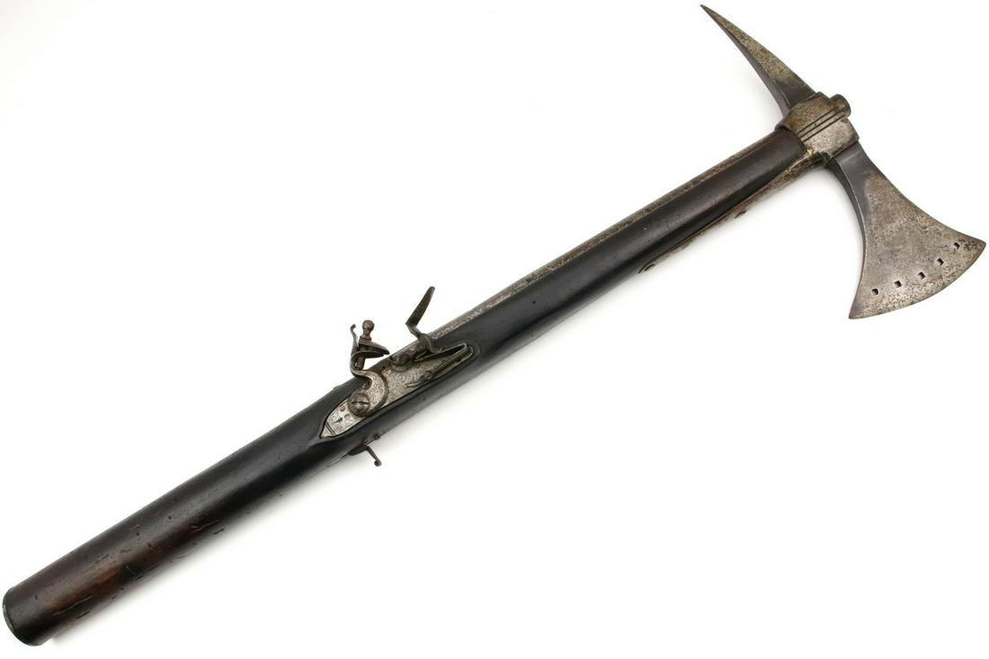 Rare 18th C. Islamic Ottoman Turkish Combination Battle: Rare 18th C. Islamic Ottoman Turkish Combination Battle Ax / Flint Lock Carbine. With its large wood haft suitable for most efficient two-handed operation in battle, and serving as a stock for a short