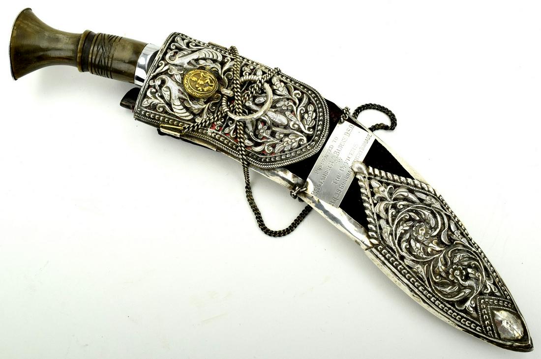 Beautiful Mid 1900s Nepalese Gurkha's Presentation: Beautiful Mid 1900s Nepalese Gurkha's Presentation KUKRI Knife to a British Army Officer. Of scarce quality in its elaborate silver furniture with intricately carved and pierced Peacocks and floral mo