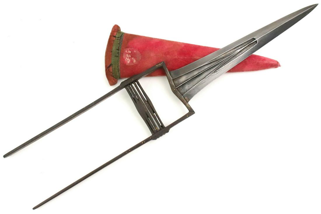 Good Quality 17th-18th C. Mughal Indian KATAR Push: Good Quality 17th-18th C. Mughal Indian KATAR Push Dagger ~ Wootz Damascus Blade. A strong but elegant early example with its steel multi bar grip showing partially worn gold inlaid decorations. Armed