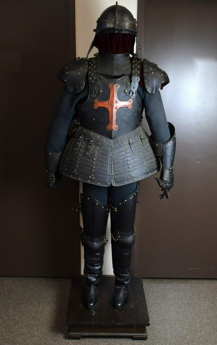 Rare 16th-17th C. English or Spanish Pikeman's Suite of: Rare 16th-17th C. English or Spanish Pikeman's Suite of Armor. Well wrought of strong heavy steel with countless brass rivet caps formed in ornamental patterns, all steel retaining most of its origina