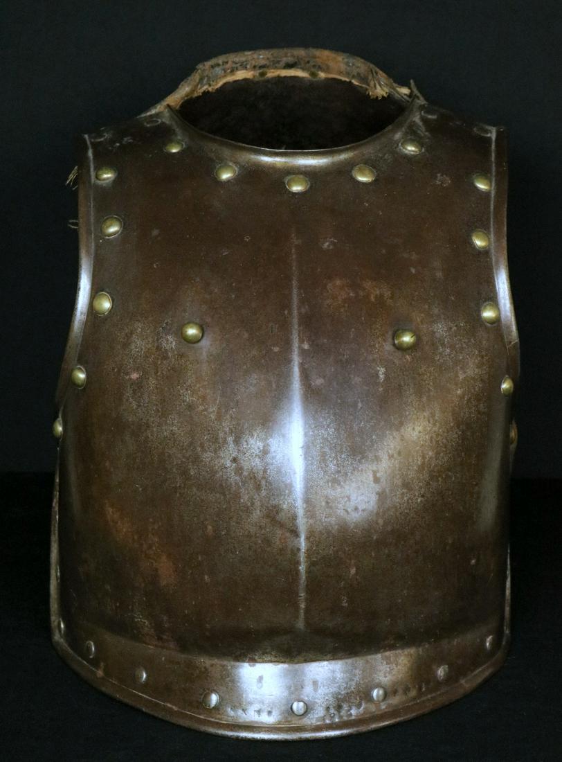 Dated 1816 French Napoleonic Era Trooper's Cuirass: Dated 1816 French Napoleonic Era Trooper's Cuirass Armor. Rare early example consisting of strong steel breastplate and backplate, both with frequent brass rivets. Breastplate with arsenal markings an