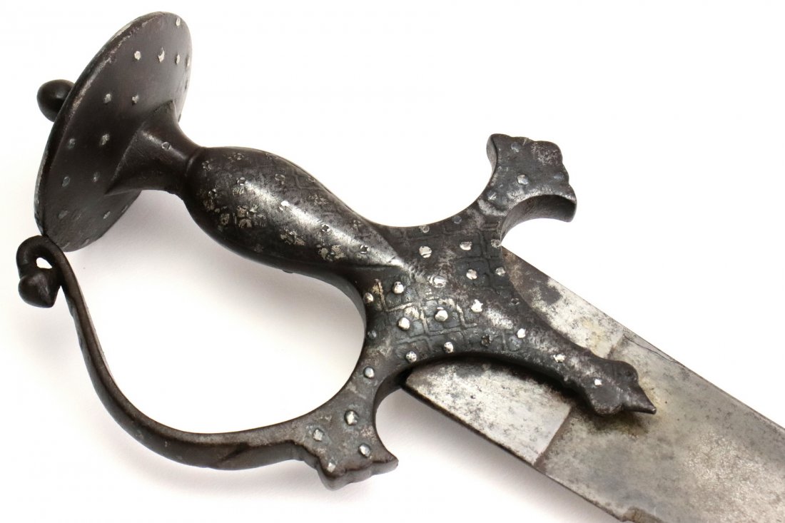Massive 17th-18th C. Mughal Indian TULWAR ~ SHAMSHIR Sw: Massive 17th-18th C. Mughal Indian TULWAR ~ SHAMSHIR Sword with Wootz Damascus Blade. A powerful early example, wearing a broad heavy blade well wrought of fine quality Wootz steel and showing active 